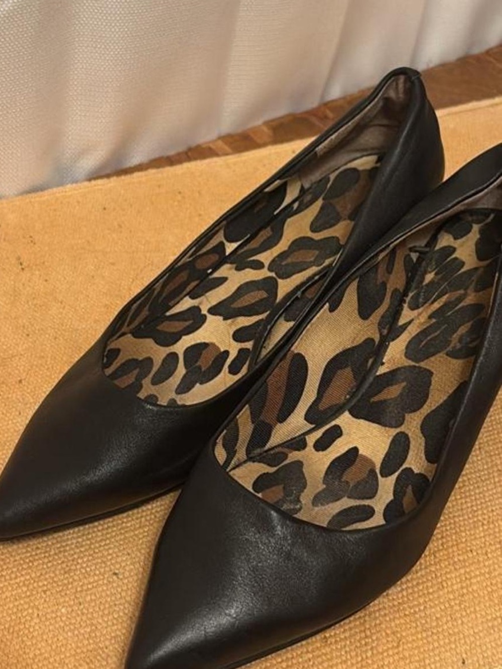 Black Pointed-Toe Leather Kitten Heels with Leopard Insole
